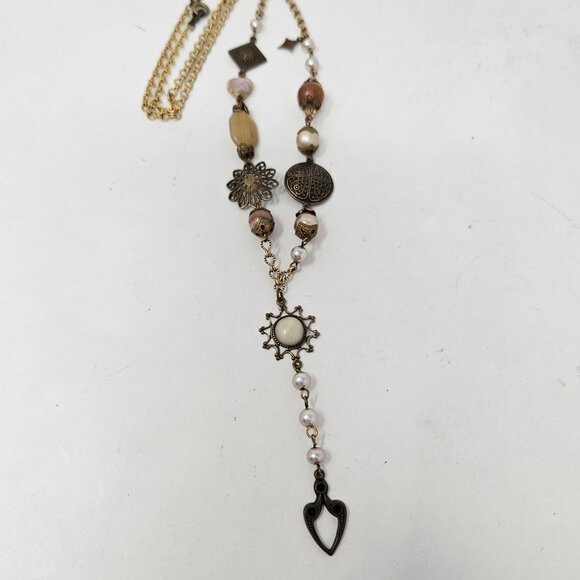 Desert Heart Drop Necklace Filigree Faux Pearl - Picture 2 of 4